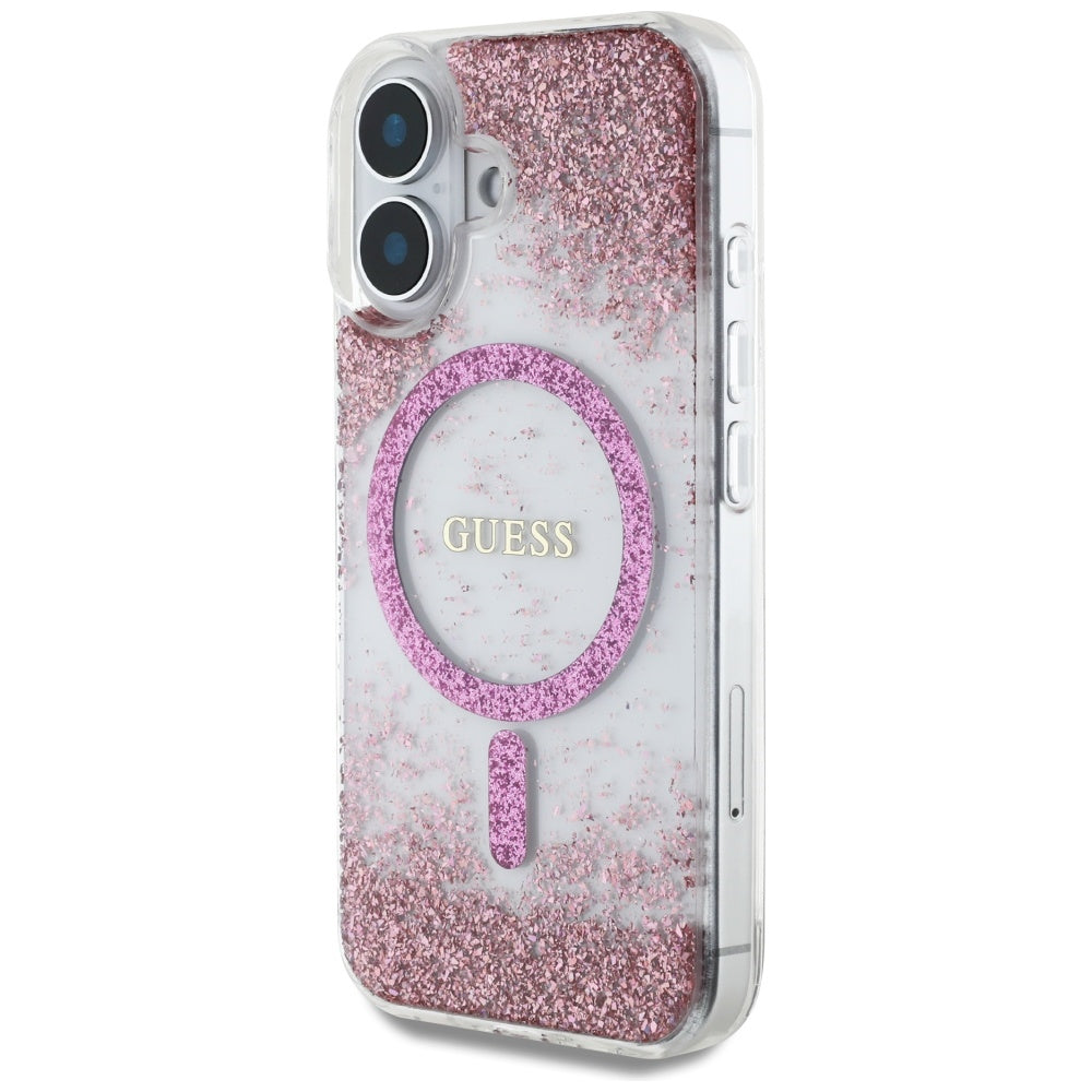 MagSafe Case for Apple iPhone 16, Guess, Resin Bottom Glitter, Pink