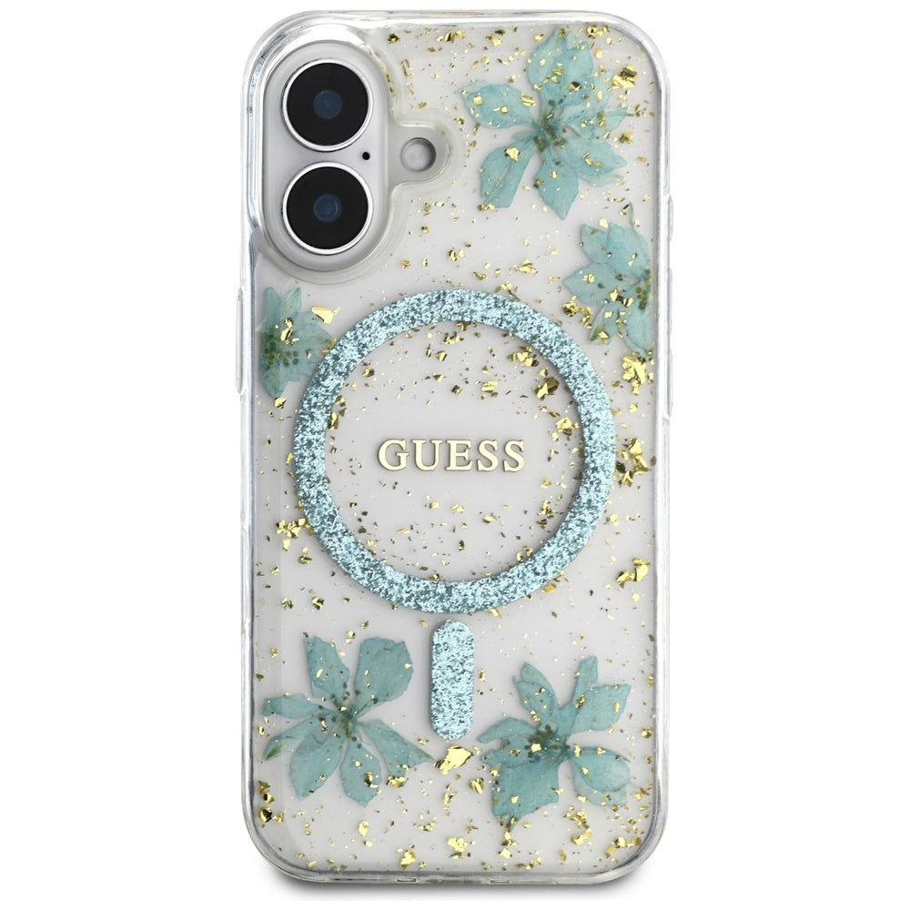 MagSafe Case for Apple iPhone 16, Guess, Resin Flowers and Glitter, Turquoise