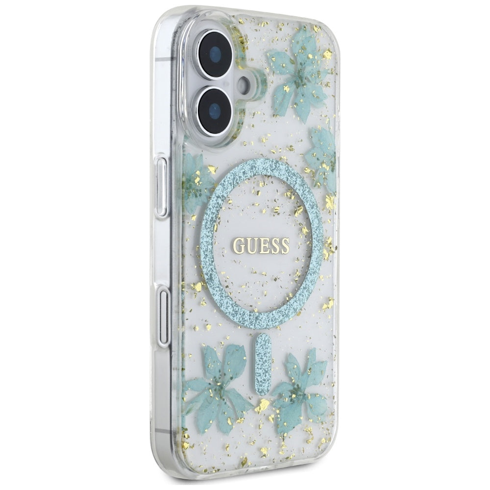 MagSafe Case for Apple iPhone 16, Guess, Resin Flowers and Glitter, Turquoise