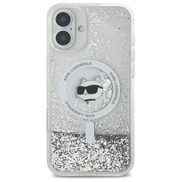 MagSafe Case for Apple iPhone 16, Karl Lagerfeld, Glitter Liquid Choupette Head, Transparent
