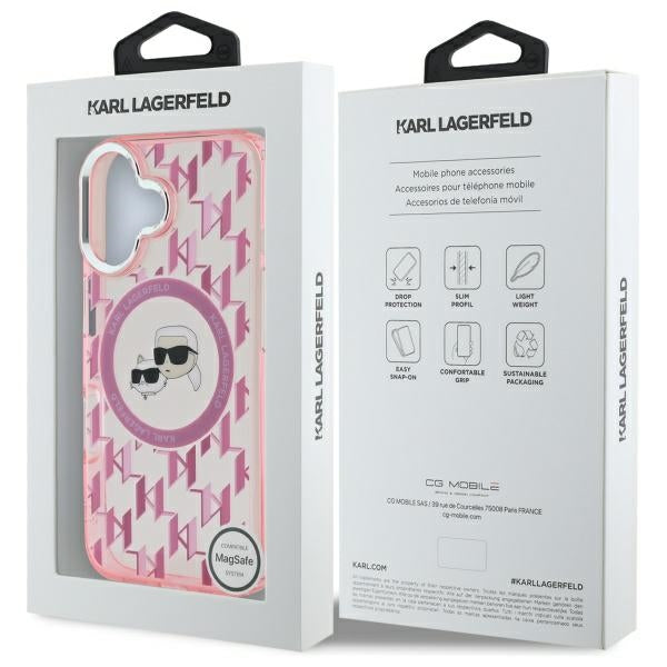 MagSafe Case for Apple iPhone 16, Karl Lagerfeld, IML Monogram Karl & Choupette's Heads, Pink