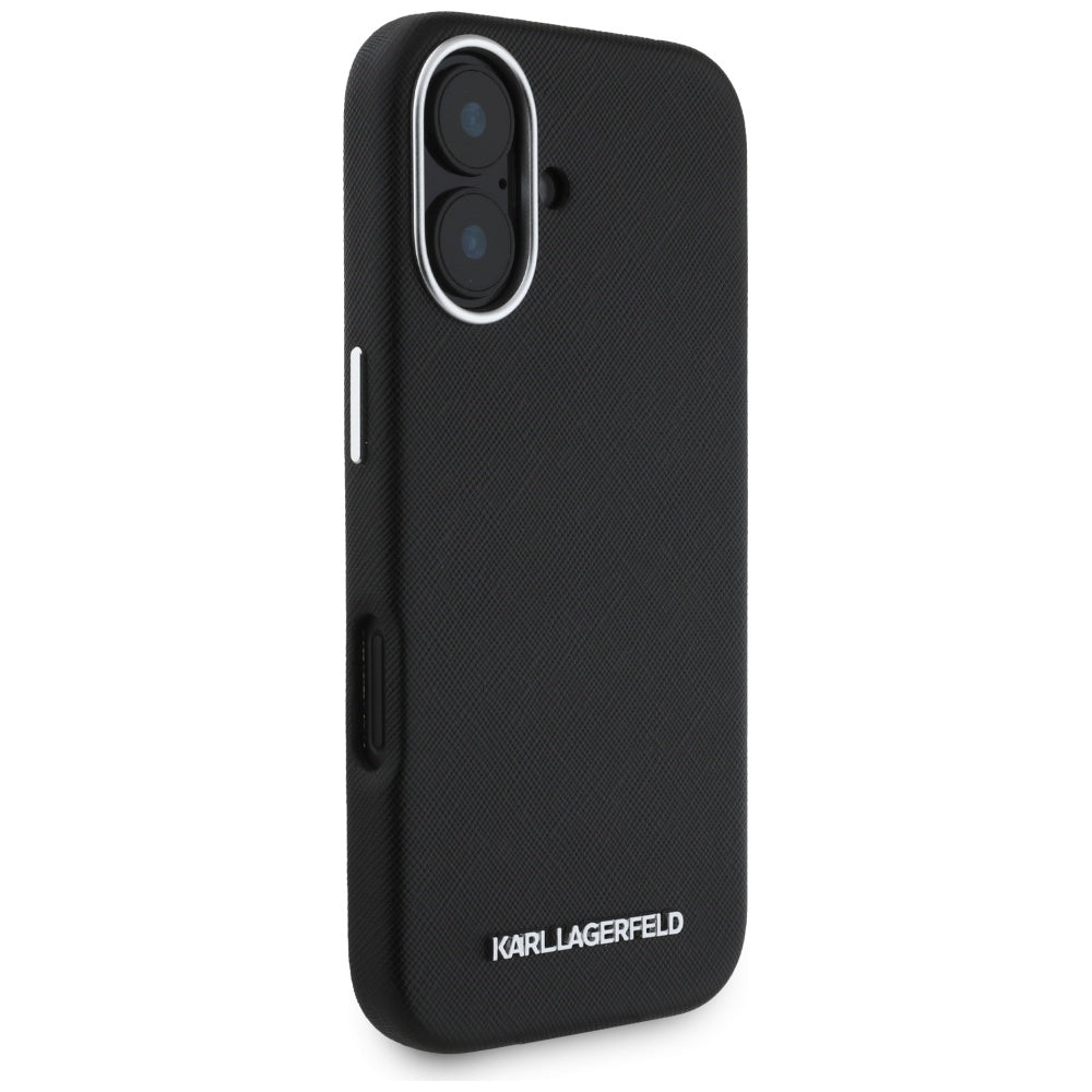 MagSafe Case for Apple iPhone 16, Karl Lagerfeld, Saffiano Full Wrapped Elongated Metal Logo, Black
