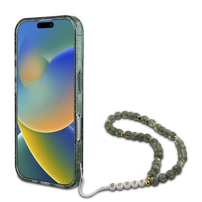MagSafe Case for Apple iPhone 16 Plus, Guess, IML Glitter with Pearl Strap, Green