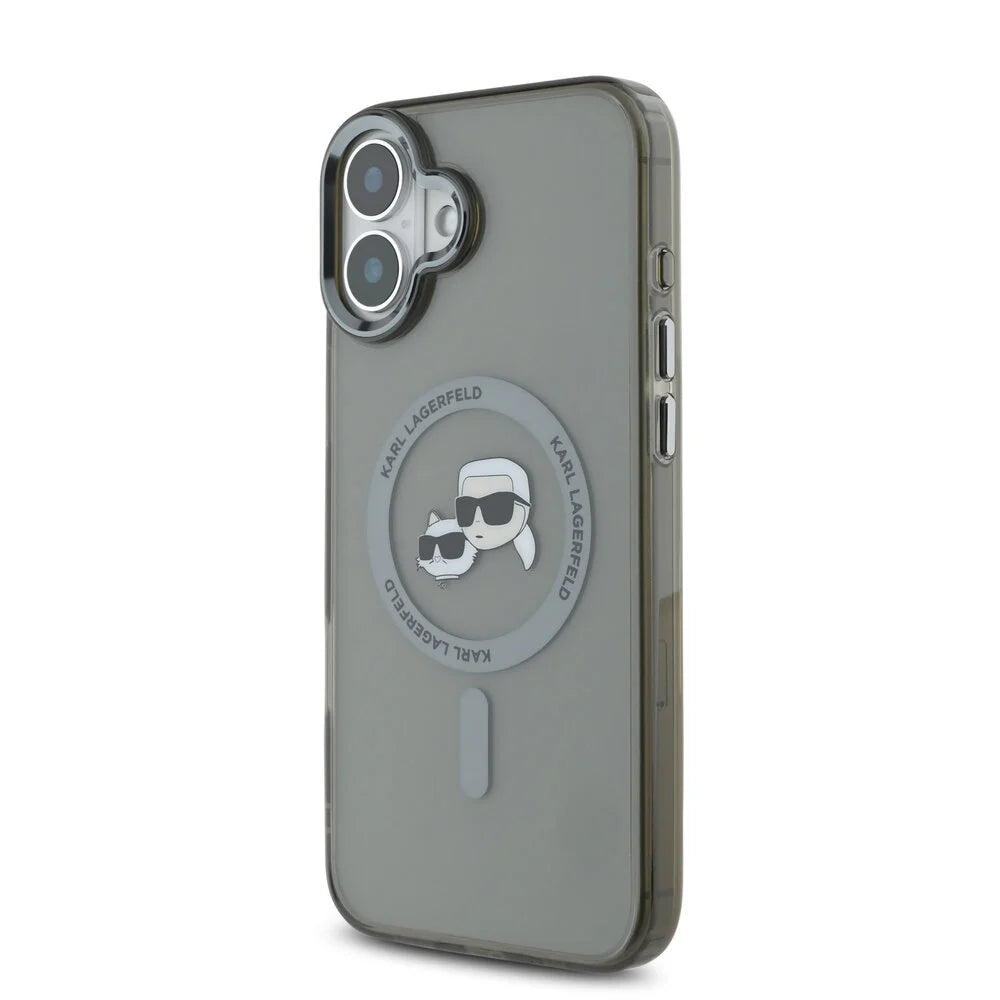 MagSafe Case for Apple iPhone 16 Plus, Karl Lagerfeld, IML Metal Karl & Choupette's Heads, Black