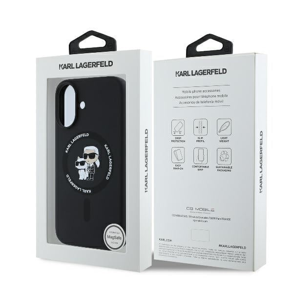 MagSafe Case for Apple iPhone 16 Plus, Karl Lagerfeld, Silicone Ring Karl & Choupette, Black