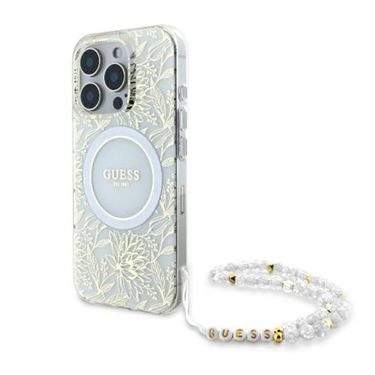 MagSafe Case for Apple iPhone 16 Pro, Guess, IML Flowers Allover Electroplated with Pearl Strap, White