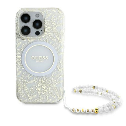 MagSafe Case for Apple iPhone 16 Pro, Guess, IML Flowers Allover Electroplated with Pearl Strap, White