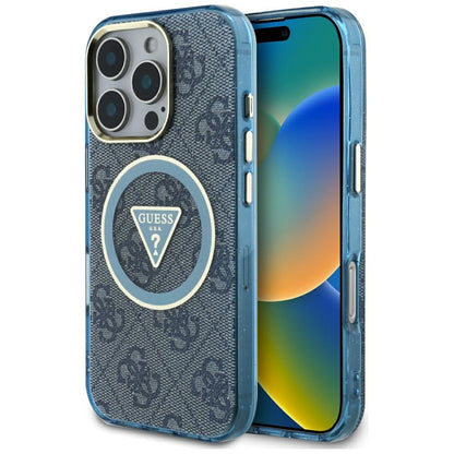 MagSafe Case for Apple iPhone 16 Pro, Guess, IML Glitter 4G Circle Triangle, Blue