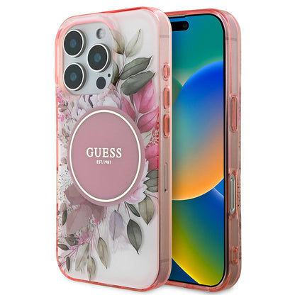 MagSafe Case for Apple iPhone 16 Pro Max, Guess, IML Flower & Tonal Circle, Pink