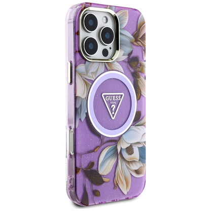 MagSafe Case for Apple iPhone 16 Pro Max, Guess, IML Metal Glitter Flowers Triangle, Purple