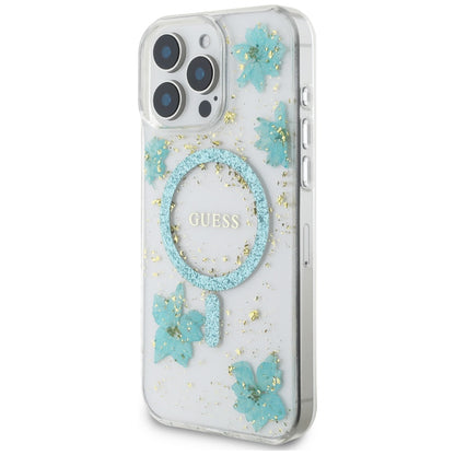 MagSafe Case for Apple iPhone 16 Pro Max, Guess, Resin Flowers and Glitter, Turquoise