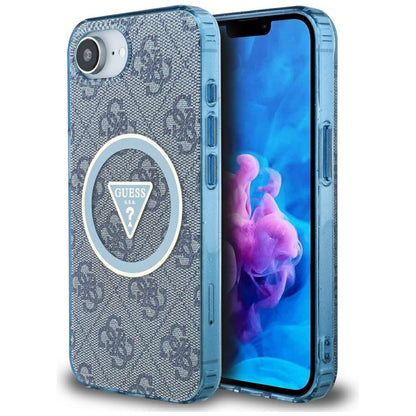 MagSafe Case for Apple iPhone 16e, Guess, IML Glitter 4G Circle Triangle, Blue