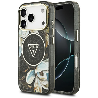 MagSafe Case for Apple iPhone 17 Pro, Guess, IML Metal Glitter Flowers Triangle, Black