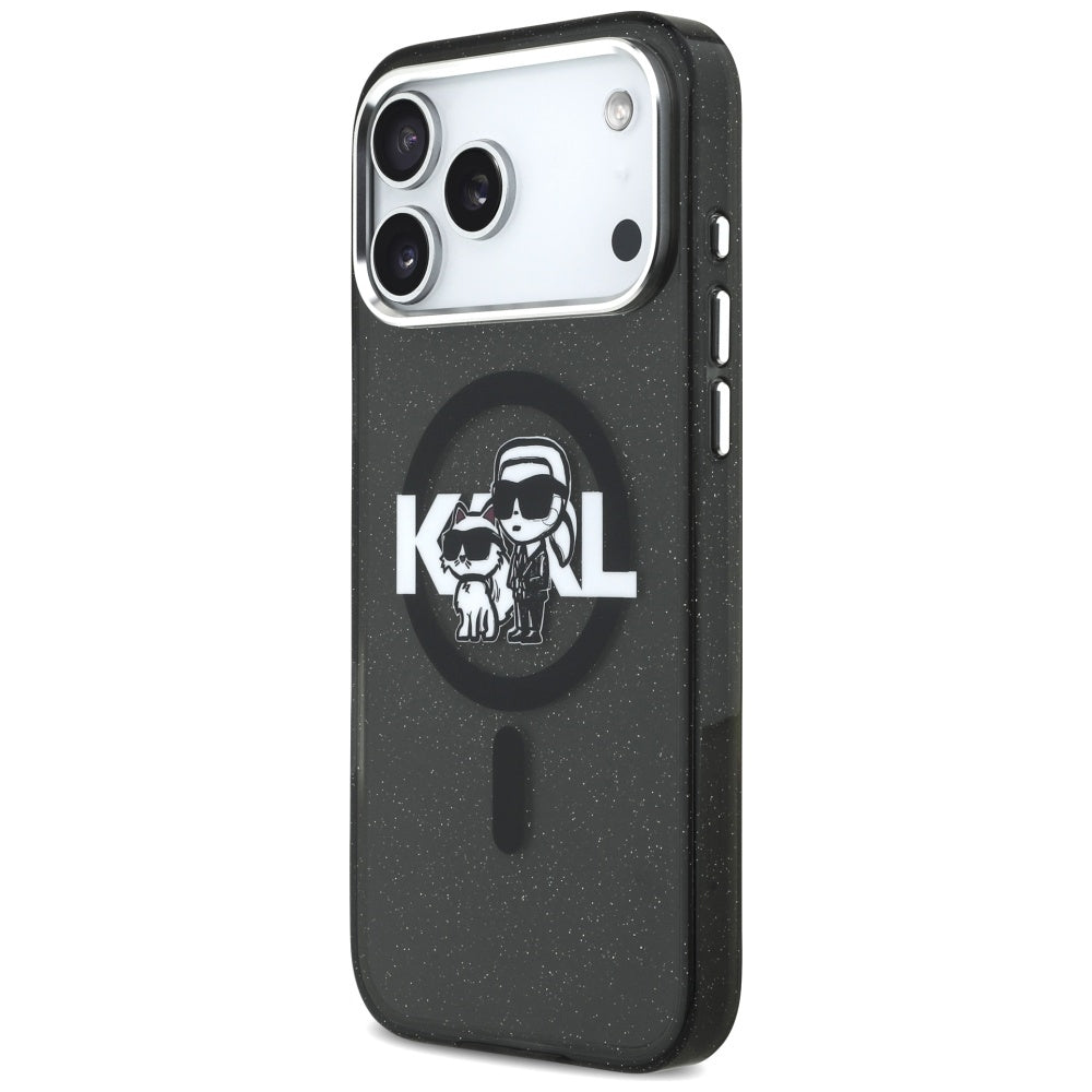 MagSafe Case for Apple iPhone 17 Pro Max, Karl Lagerfeld, IML Sketch Logo Glitter Karl & Choupette, Black