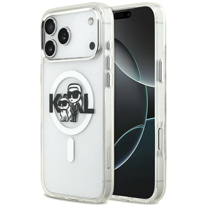 MagSafe Case for Apple iPhone 17 Pro Max, Karl Lagerfeld, IML Sketch Logo Glitter Karl & Choupette, Transparent