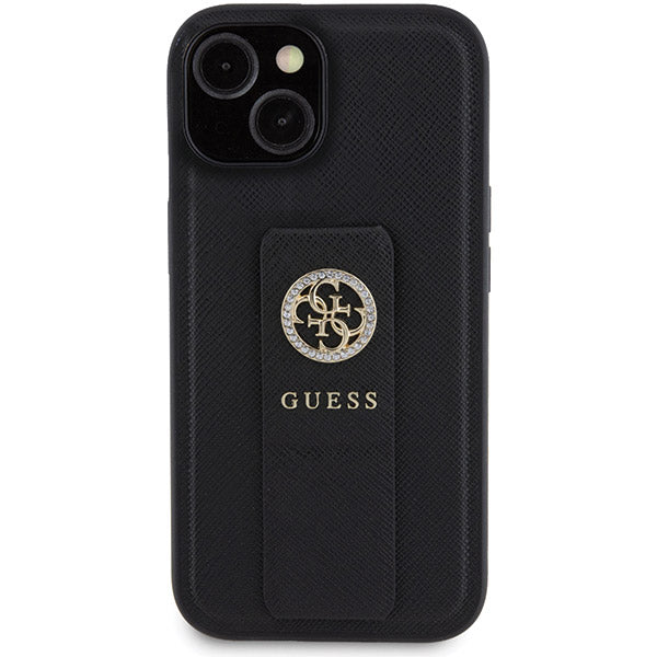 Case for Apple iPhone 15, Guess, Grip Stand 4G Saffiano Strass, Black