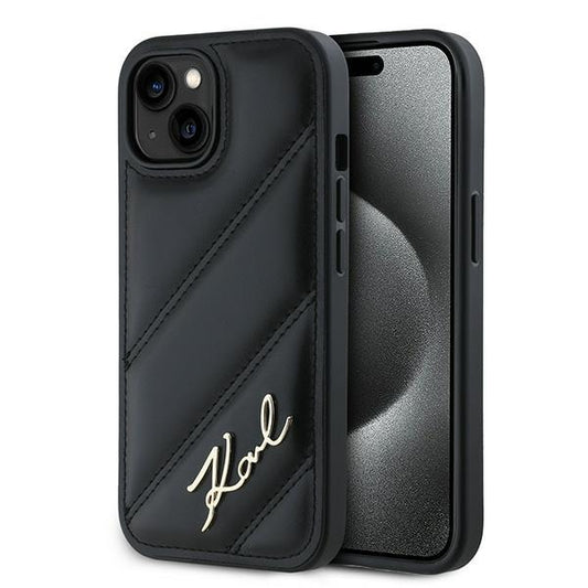 Case for Apple iPhone 15, Karl Lagerfeld, Diagonal Quilted Script, Black