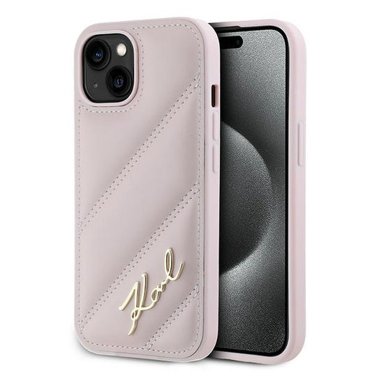 Case for Apple iPhone 15, Karl Lagerfeld, Diagonal Quilted Script, Pink