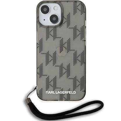 Case for Apple iPhone 15, Karl Lagerfeld, IML Luxury Monogram KL Pattern with Strap, Black