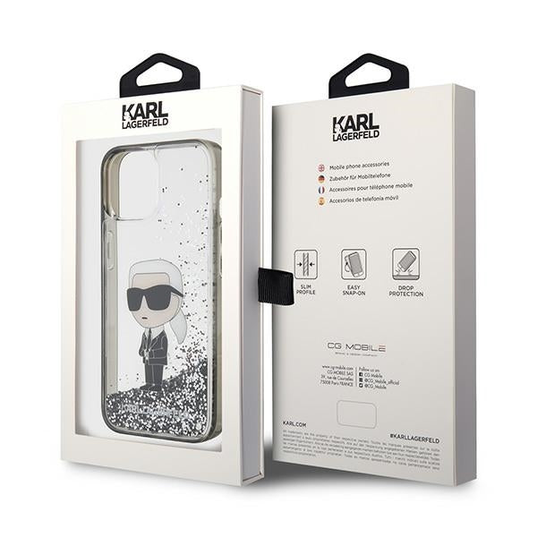 Case for Apple iPhone 15, Karl Lagerfeld, Liquid Glitter Ikonik Karl, Transparent