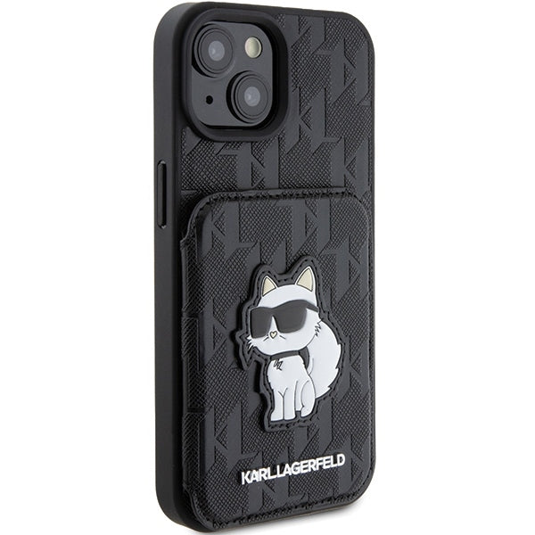Case for Apple iPhone 15, Karl Lagerfeld, Saffiano Cardslots and Stand Monogram Choupette, Black