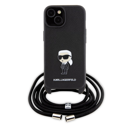 Case for Apple iPhone 15, Karl Lagerfeld, Saffiano Crossbody Monogram Metal Pin Karl, Black