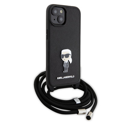 Case for Apple iPhone 15, Karl Lagerfeld, Saffiano Crossbody Monogram Metal Pin Karl, Black