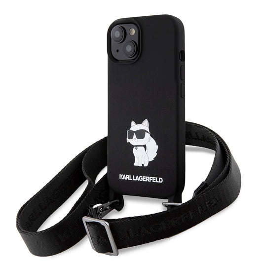 Case for Apple iPhone 15, Karl Lagerfeld, Silicone Crossbody Choupette, Black