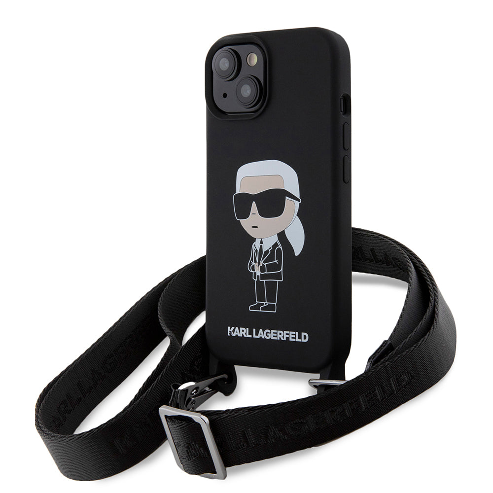 Case for Apple iPhone 15, Karl Lagerfeld, Silicone Crossbody Ikonik Karl, Black