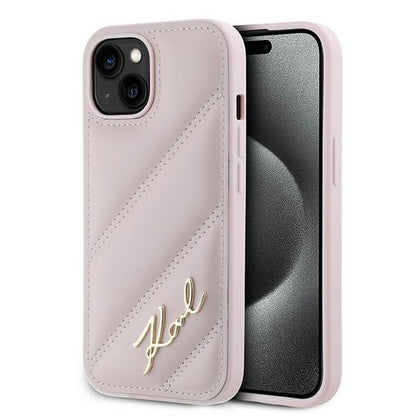 Case for Apple iPhone 15 Plus, Karl Lagerfeld, Diagonal Quilted Script, Pink