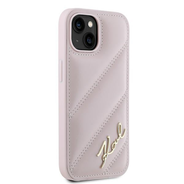 Case for Apple iPhone 15 Plus, Karl Lagerfeld, Diagonal Quilted Script, Pink