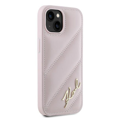 Case for Apple iPhone 15 Plus, Karl Lagerfeld, Diagonal Quilted Script, Pink