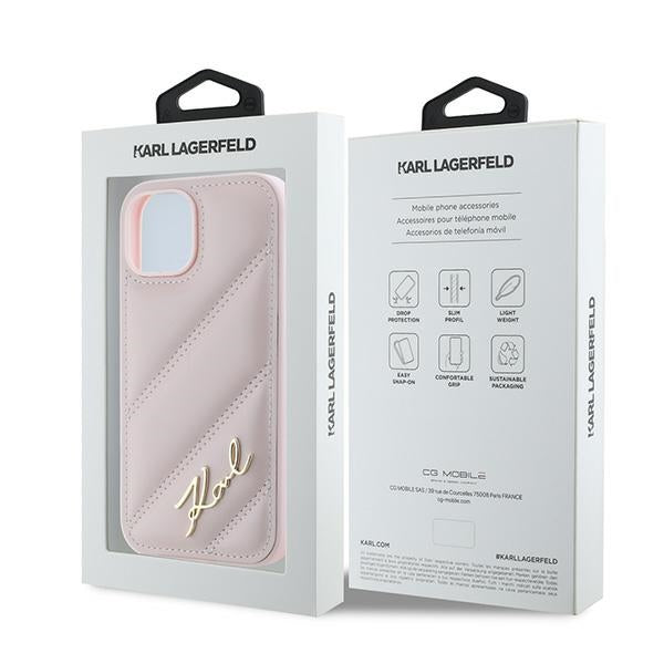 Case for Apple iPhone 15 Plus, Karl Lagerfeld, Diagonal Quilted Script, Pink