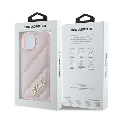 Case for Apple iPhone 15 Plus, Karl Lagerfeld, Diagonal Quilted Script, Pink