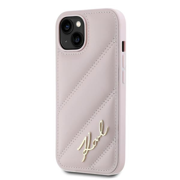 Case for Apple iPhone 15 Plus, Karl Lagerfeld, Diagonal Quilted Script, Pink