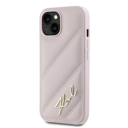 Case for Apple iPhone 15 Plus, Karl Lagerfeld, Diagonal Quilted Script, Pink