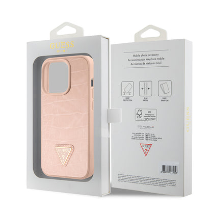 Case for Apple iPhone 15 Pro, Guess, Croco Triangle Metal Logo, Pink