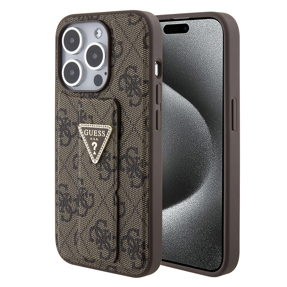 Case for Apple iPhone 15 Pro, Guess, Grip Stand 4G Triangle Strass, Brown