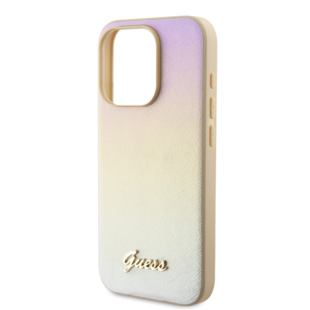 Case for Apple iPhone 15 Pro, Guess, Saffiano Iridescent Script, Gold