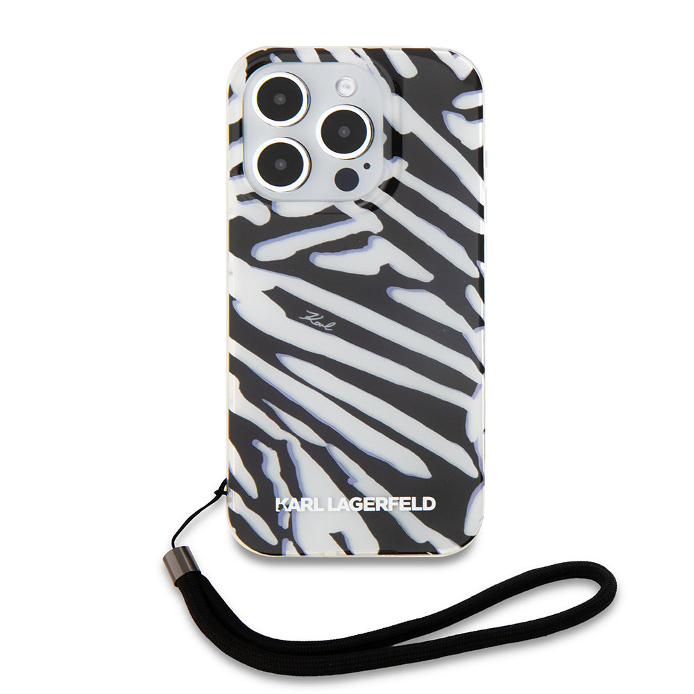 Case for Apple iPhone 15 Pro, Karl Lagerfeld, IML Luxury Zebra Pattern with Strap, Black