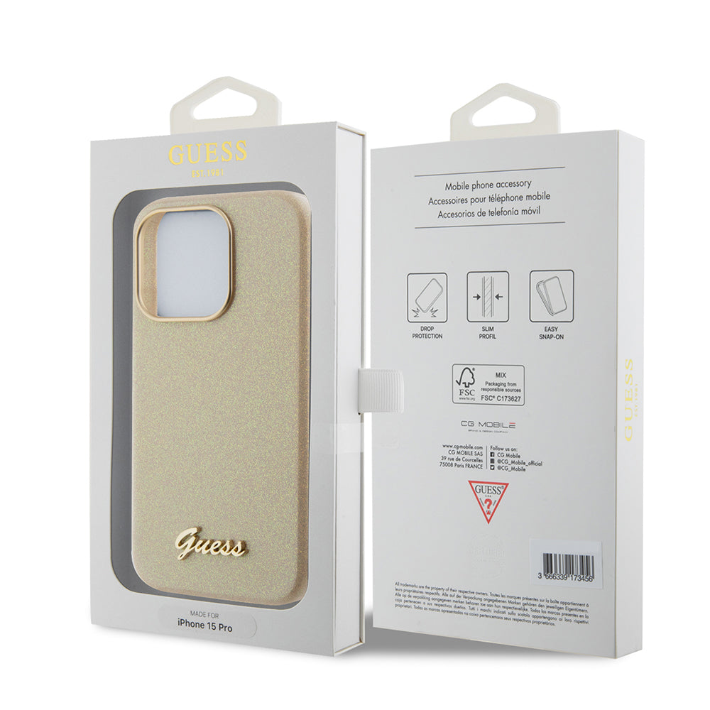 Case for Apple iPhone 15 Pro Max, Guess, Glitter Glossy Script, Beige