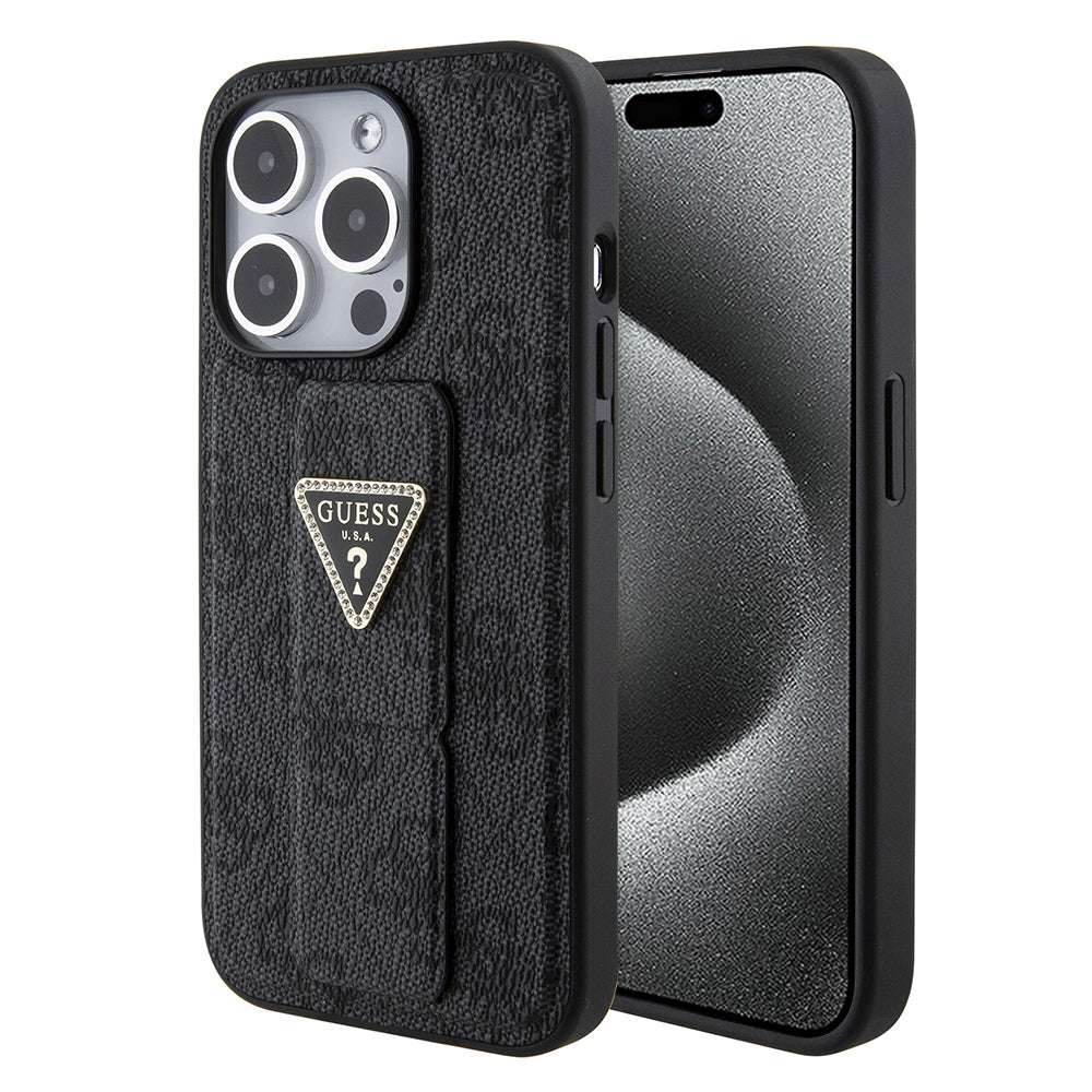 Case for Apple iPhone 15 Pro Max, Guess, Grip Stand 4G Triangle Strass, Black
