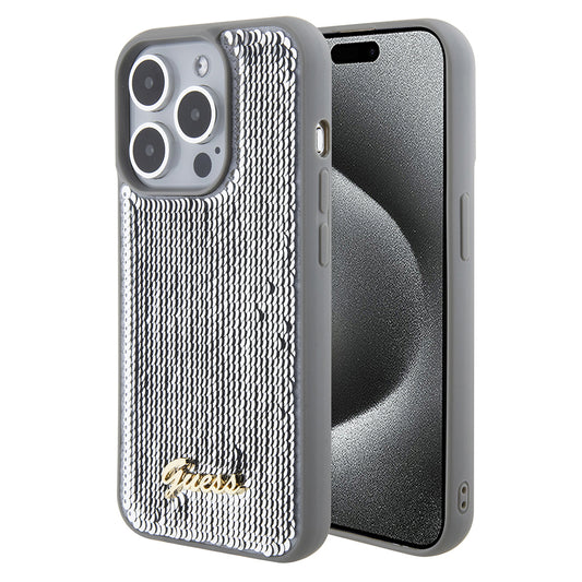 Case for Apple iPhone 15 Pro Max, Guess, Sequin Script Metal, Silver