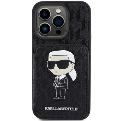 Case for Apple iPhone 15 Pro Max, Karl Lagerfeld, Saffiano Cardslots and Stand Monogram Ikonik Karl, Black