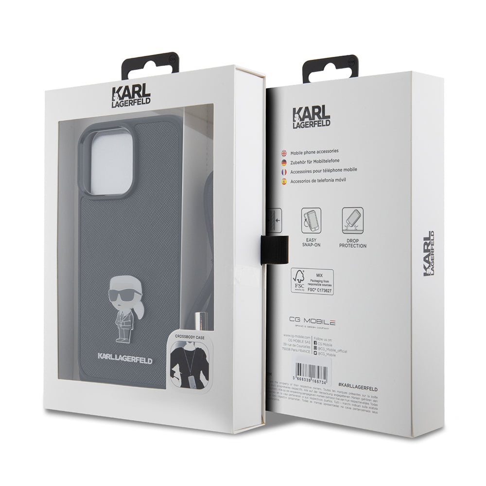 Case for Apple iPhone 15 Pro Max, Karl Lagerfeld, Saffiano Crossbody Monogram Metal Pin Karl, Black