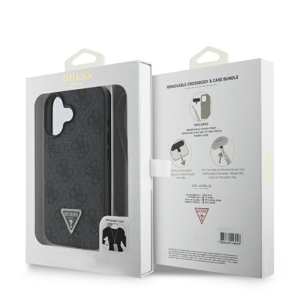 Case for Apple iPhone 16, Guess, Crossbody 4G Triangle Strass, Black