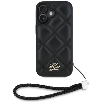 Case for Apple iPhone 16, Karl Lagerfeld, Quilted Initial Logo & Chain Strap, Black