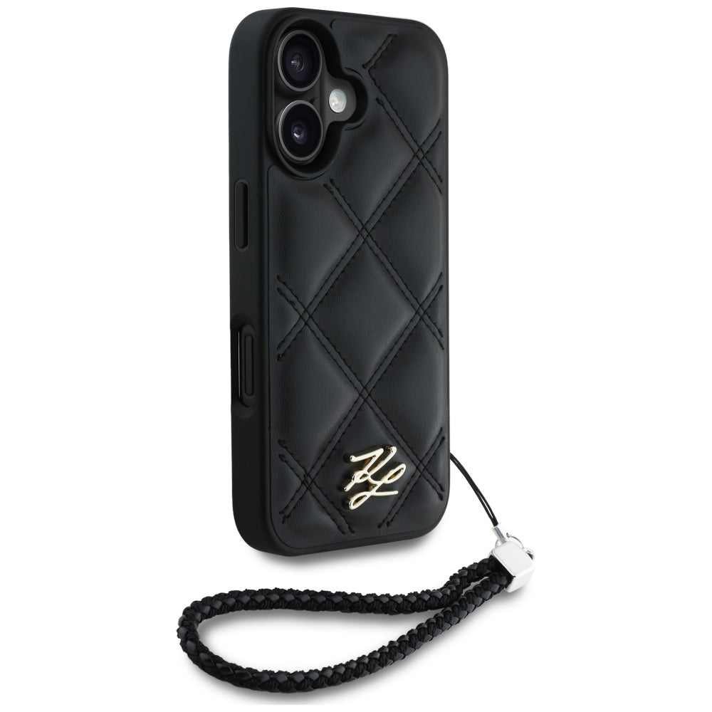 Case for Apple iPhone 16, Karl Lagerfeld, Quilted Initial Logo & Chain Strap, Black