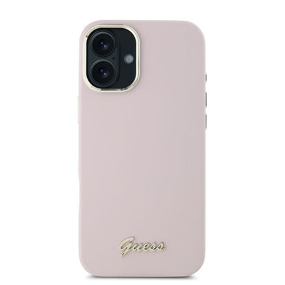 Case for Apple iPhone 16 Plus, Guess, Script Metal Logo & Frame, Pink