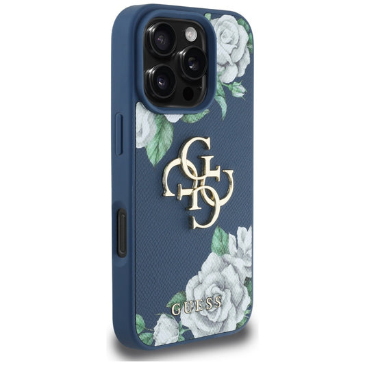 Case for Apple iPhone 16 Pro, Guess, 4G Grained Roses Big Logo, Blue